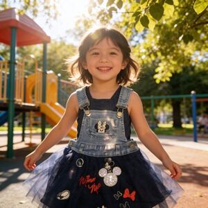 Disney Minnie Mouse Girls Denim Tulle Overall Dress Blue 12M Bib Jumper Skirt